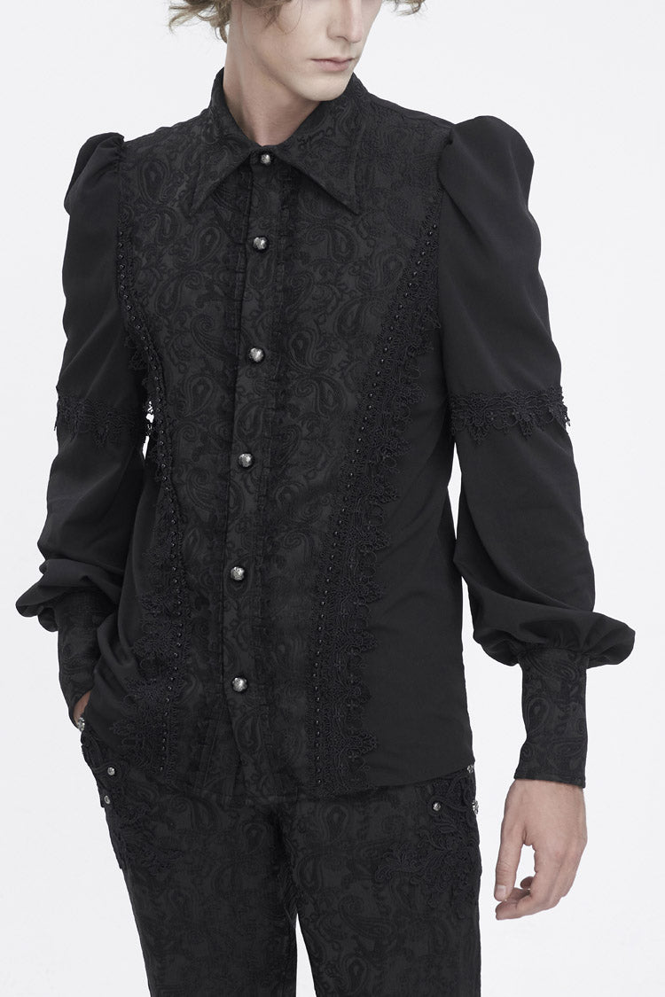 Black Lapel Collar Lantern Sleeves Jacquard Embroidery Gothic Blouse