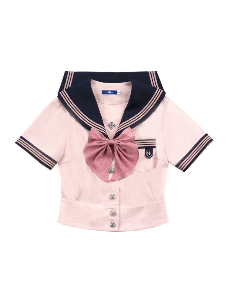 College Sailor Top + High Waist Slim a Line Skirt