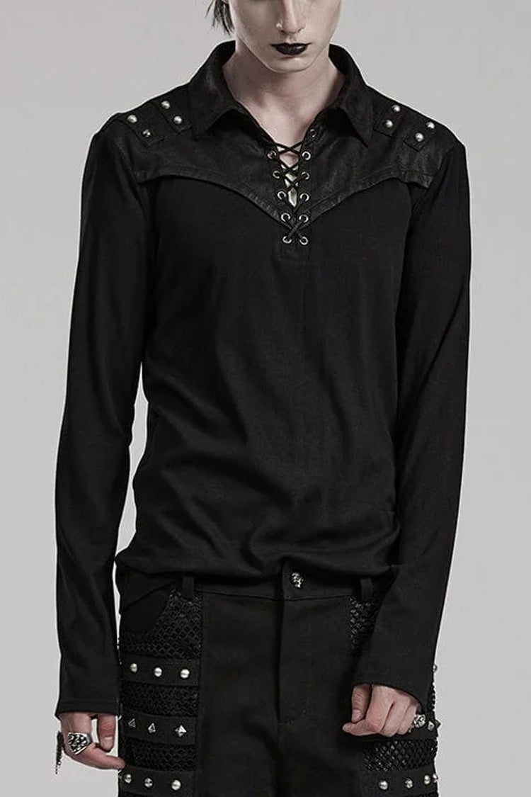Black Lapel Collar Long Sleeves Stitching Steampunk T-shirt