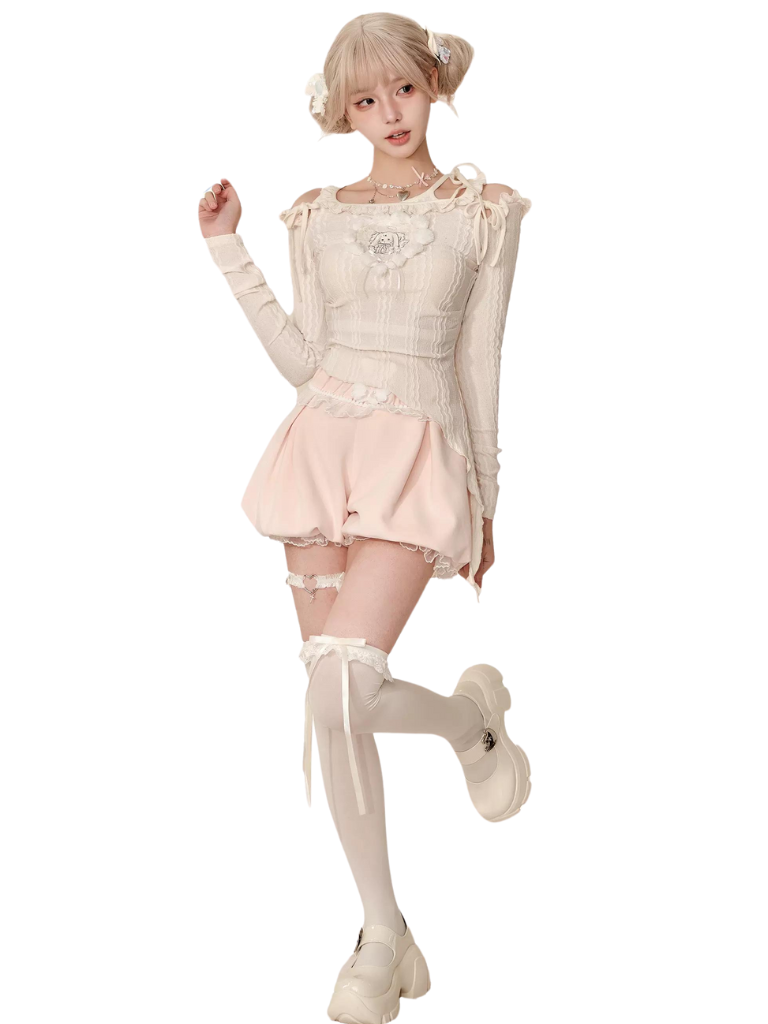 Milk Asymmetric Top + Strawberry Pants