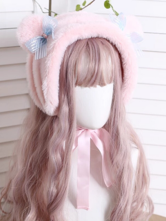 Lolita Grizzly Bear Plaid Ribbon Velvet Earmuff Hat