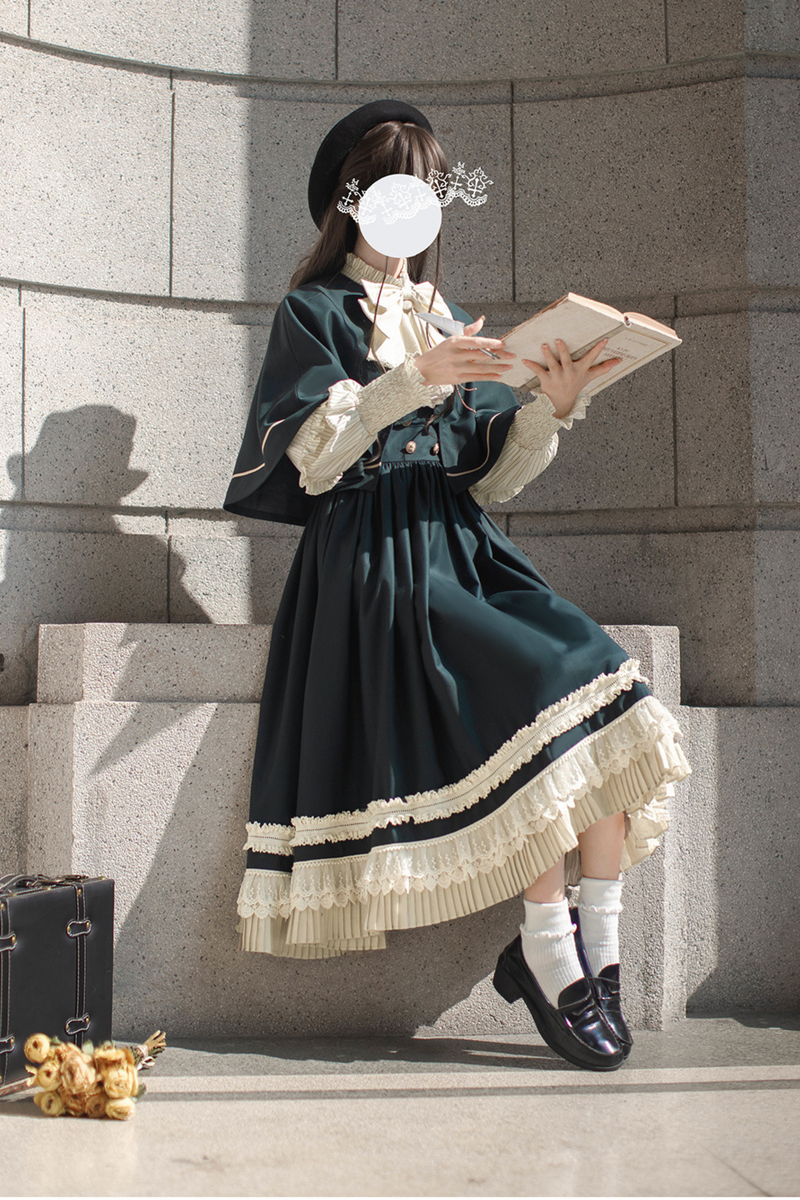 [pre-order] Retro Academia Jumper Skirt + Striped Shirt + Hooded Cape + Short Jacket + Collar + Brooch