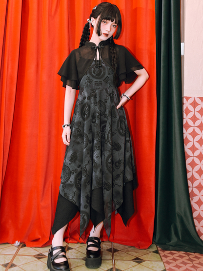 Dark Chinese-style Asymmetric Long Camisole Dress + Short Cardigan