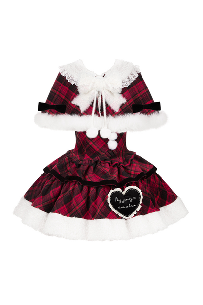 Checked Doll Jumper Skirt + Bow Brooch + Pin + Love Brooch + Shawl + Top + Leg Warmers