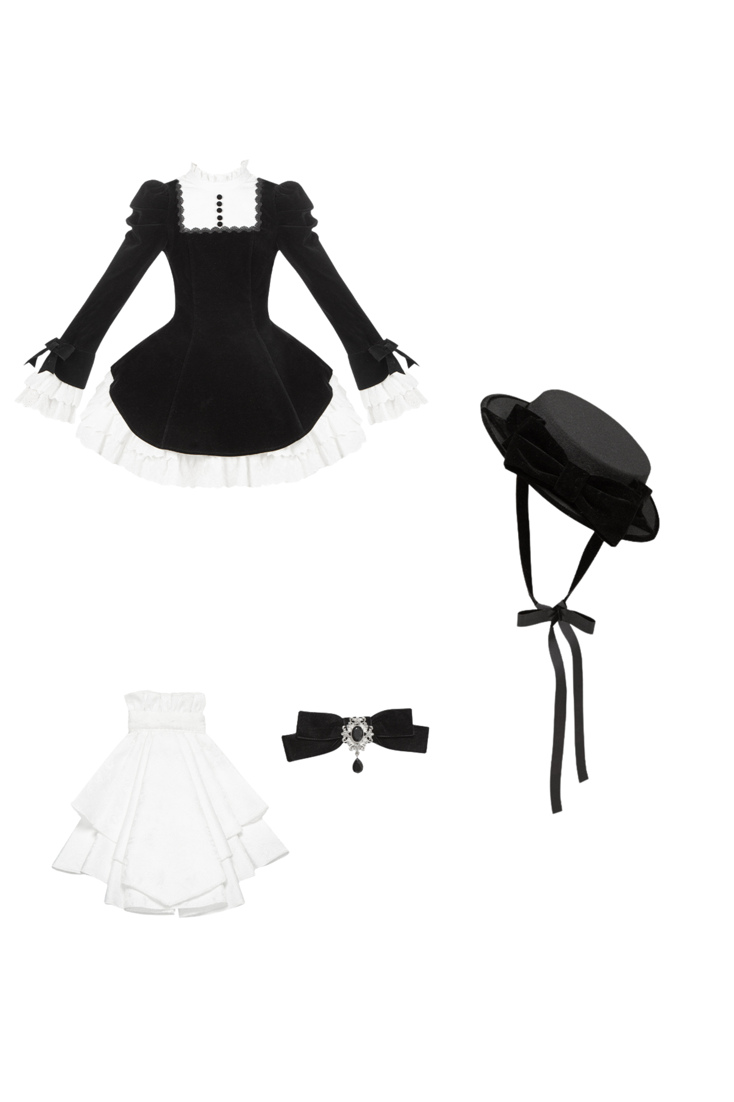 Slim Contrast Color Twin Dress + Collar + Bow + Brooch + Hat