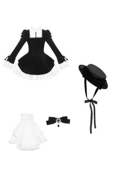 Slim Contrast Color Twin Dress + Collar + Bow + Brooch + Hat