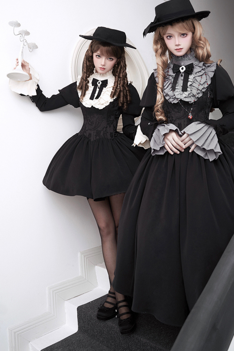 [pre-order] Dark Sweet Lolita Dress + Faux Collar + Necklace + Jacket + Ribbon + Sleeve + Fur Shawl