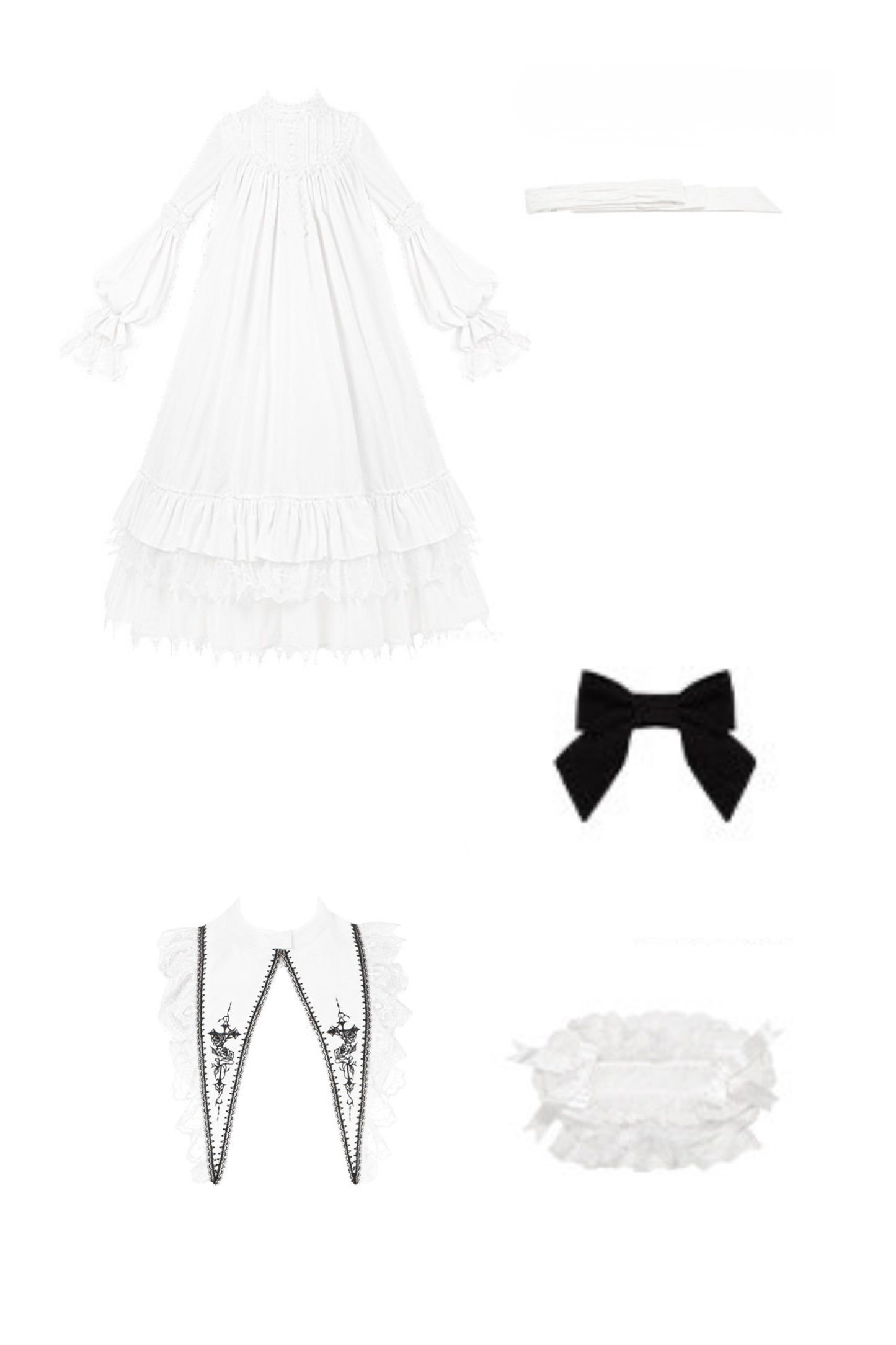 Gothic Doll Multi-tiered Dress + Belt + Fake Collar + Hairband