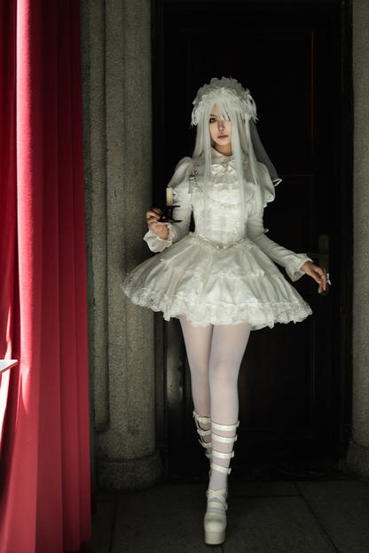 White Gothic Gemini Lolita Dress + Corset + Ribbon + Headband + Veil