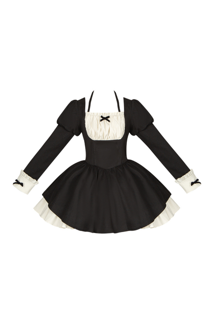 Twin Ruffle Maid Lolita Dress + Apron + Choker + Headband + Bow + Leg Warmers