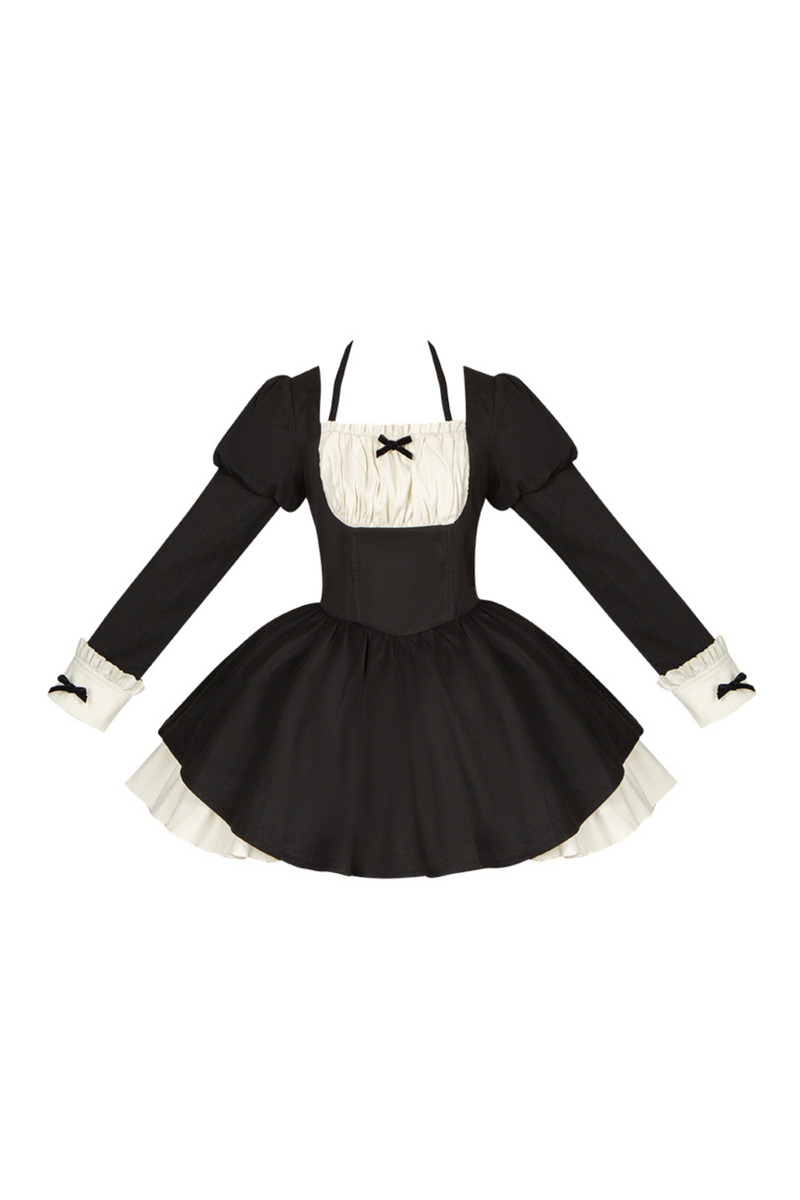 Twin Ruffle Maid Lolita Dress + Apron + Choker + Headband + Bow + Leg Warmers