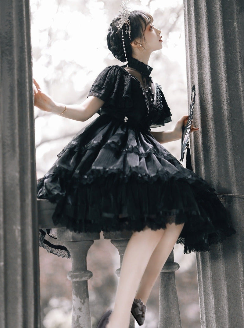Stand Collar Ruffle Tiered Airy Dress