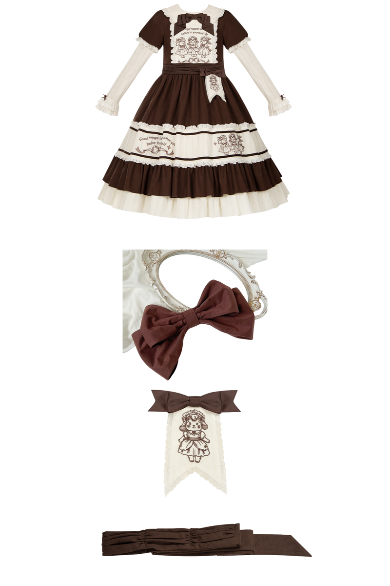 Doll Fairytale Lolita Dress + Bow Brooch + Belt + 2way Embroidery Brooch