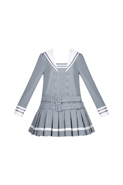 Sailor Collar Pleated College Dress + Ribbon + Hat