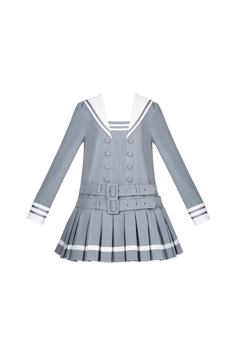 Sailor Collar Pleated College Dress + Ribbon + Hat