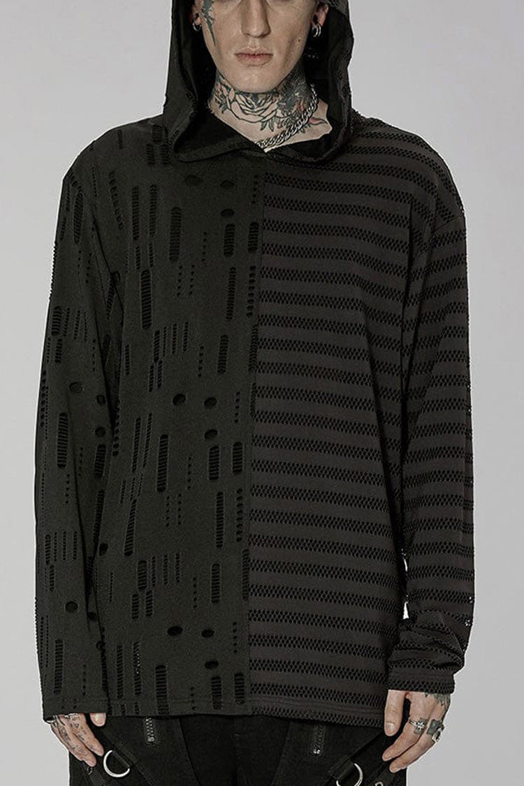 Black Punk Personality Left-right Asymmetrical Knitted Stitching Hooded T-shirt