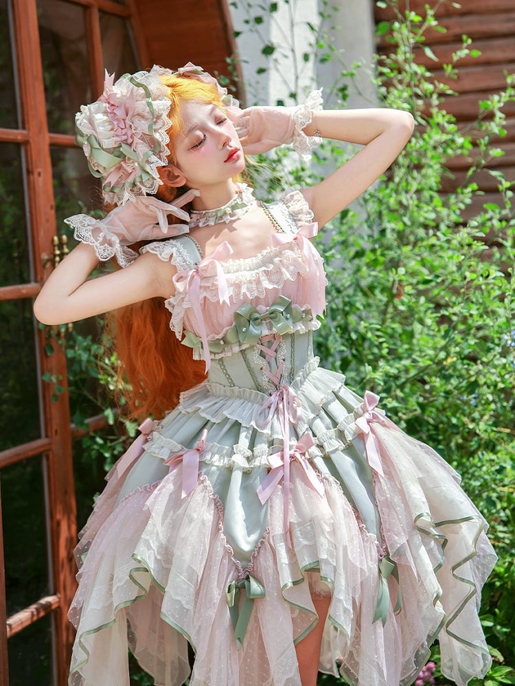 [pre-order Deadline: May 8] Pink X Green/blue X Yellow Fairy Princess Lolita Tulle Lace Bow Layered Dress