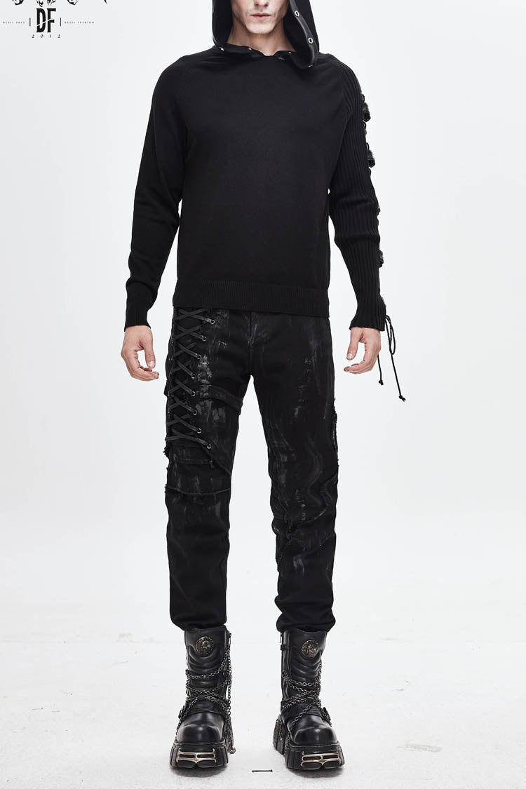 Black Asymmetrical Sleeves Leather Loop Lace-up Hooded Punk Sweater