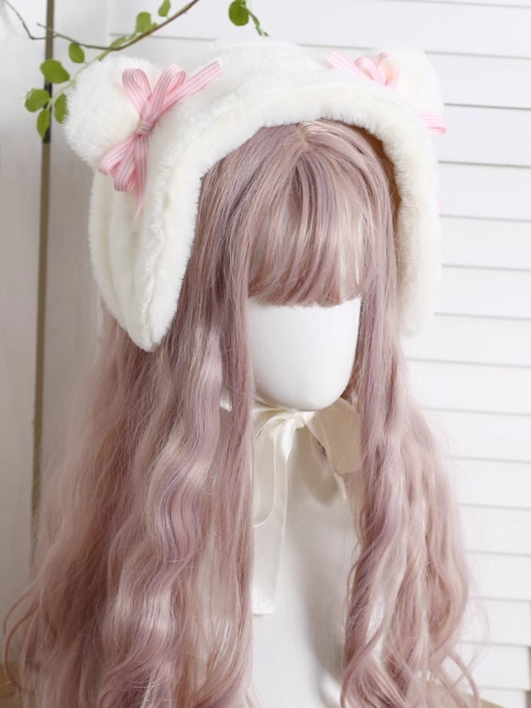 Lolita Grizzly Bear Plaid Ribbon Velvet Earmuff Hat
