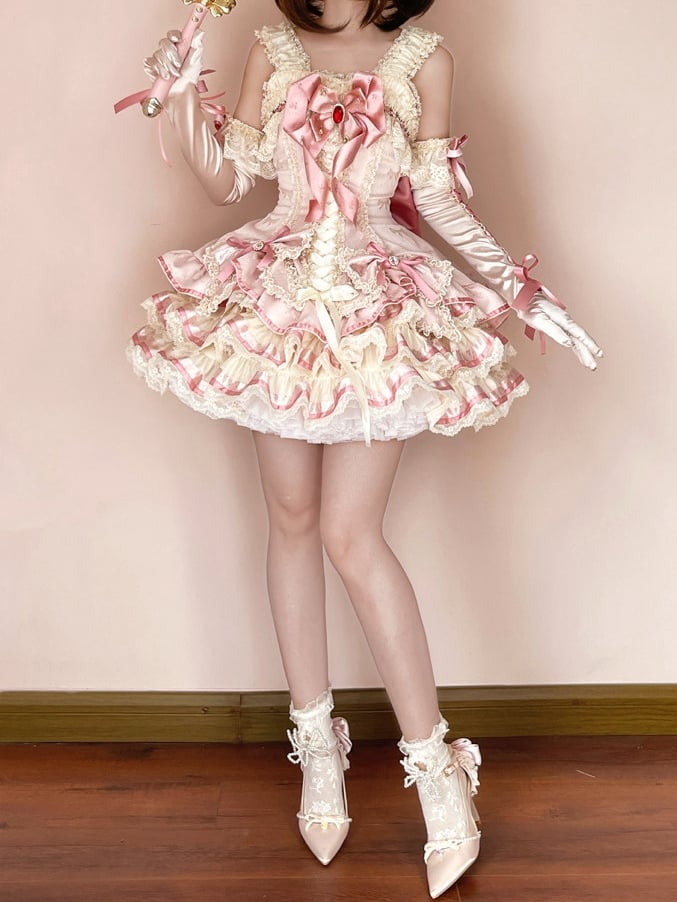 [pre-order Deadline: April 30] Sweet Pink Lolita Lace Ribbon Corset Tiered Jsk Dress