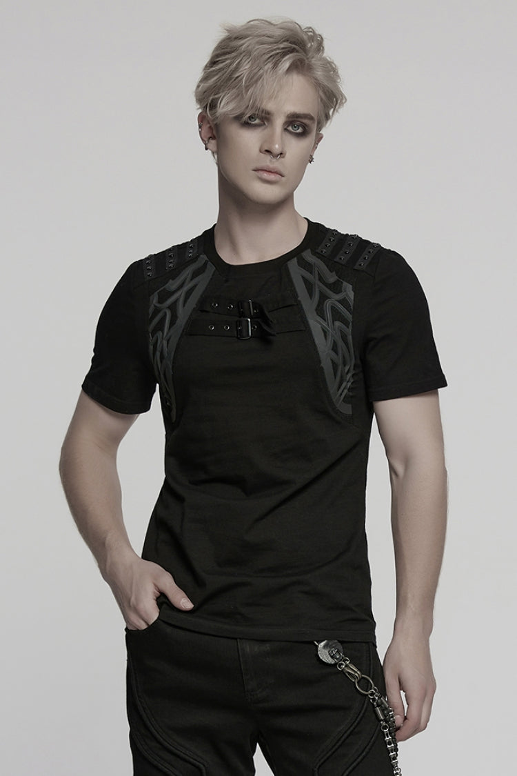 Black Round Collar Short Sleeves Studded Buckle Strap Punk T-shirt