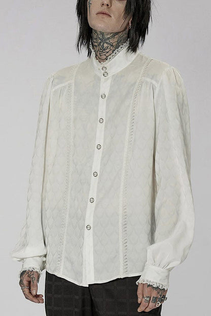 White Punk Turtleneck Dragon Scale Jacquard Long Lantern Sleeves Lace Edge Shirt