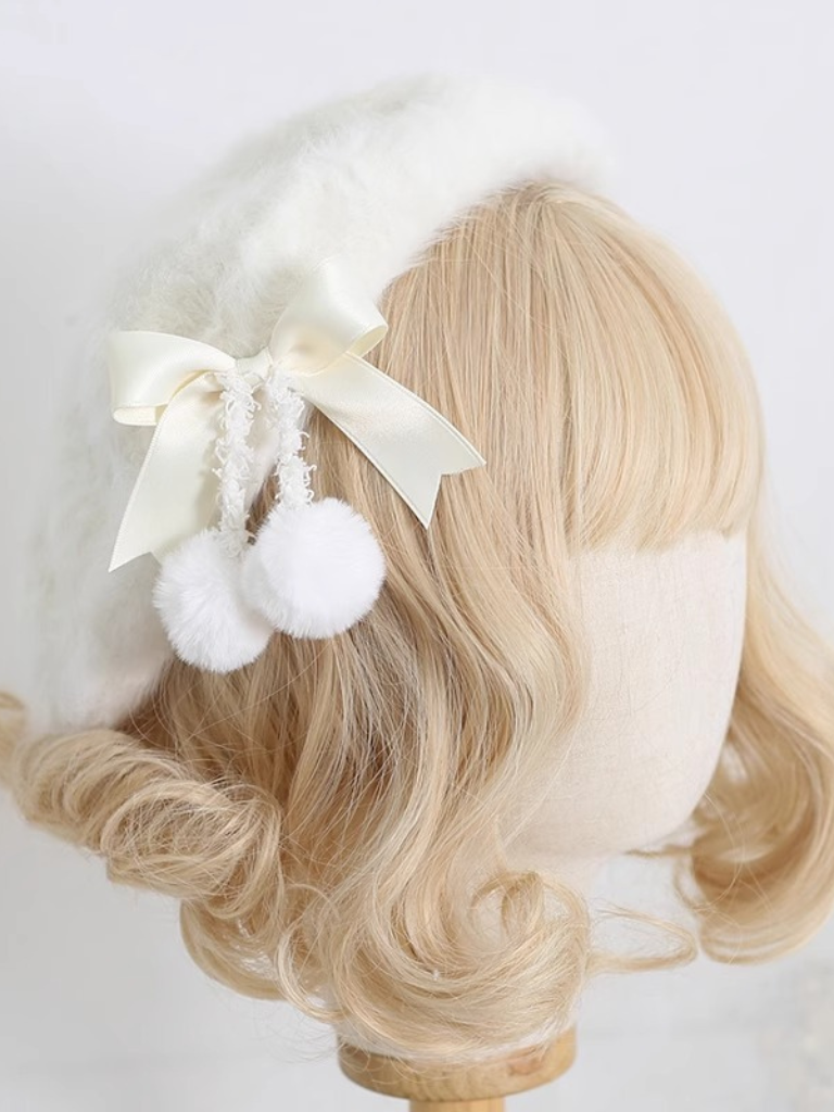Cream Fur Ribbon Pom-pom Beret