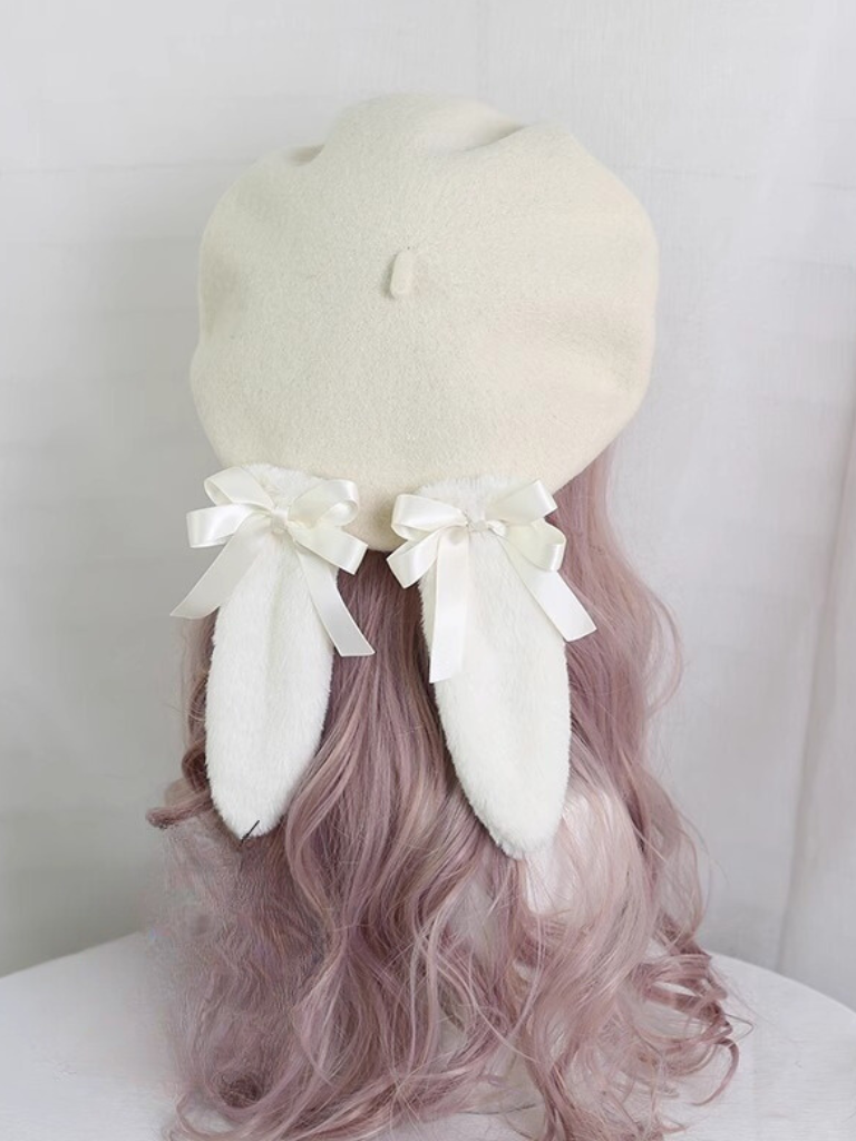 Fur Ribbon Colorful Bunny Beret