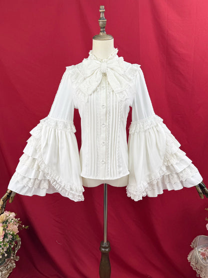 [pre-order] Ruffled Stand Collar Lace Princess Sleeve Classic Ribbon Blouse