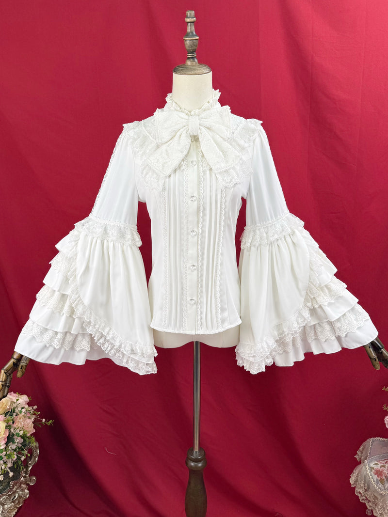 [pre-order] Ruffled Stand Collar Lace Princess Sleeve Classic Ribbon Blouse