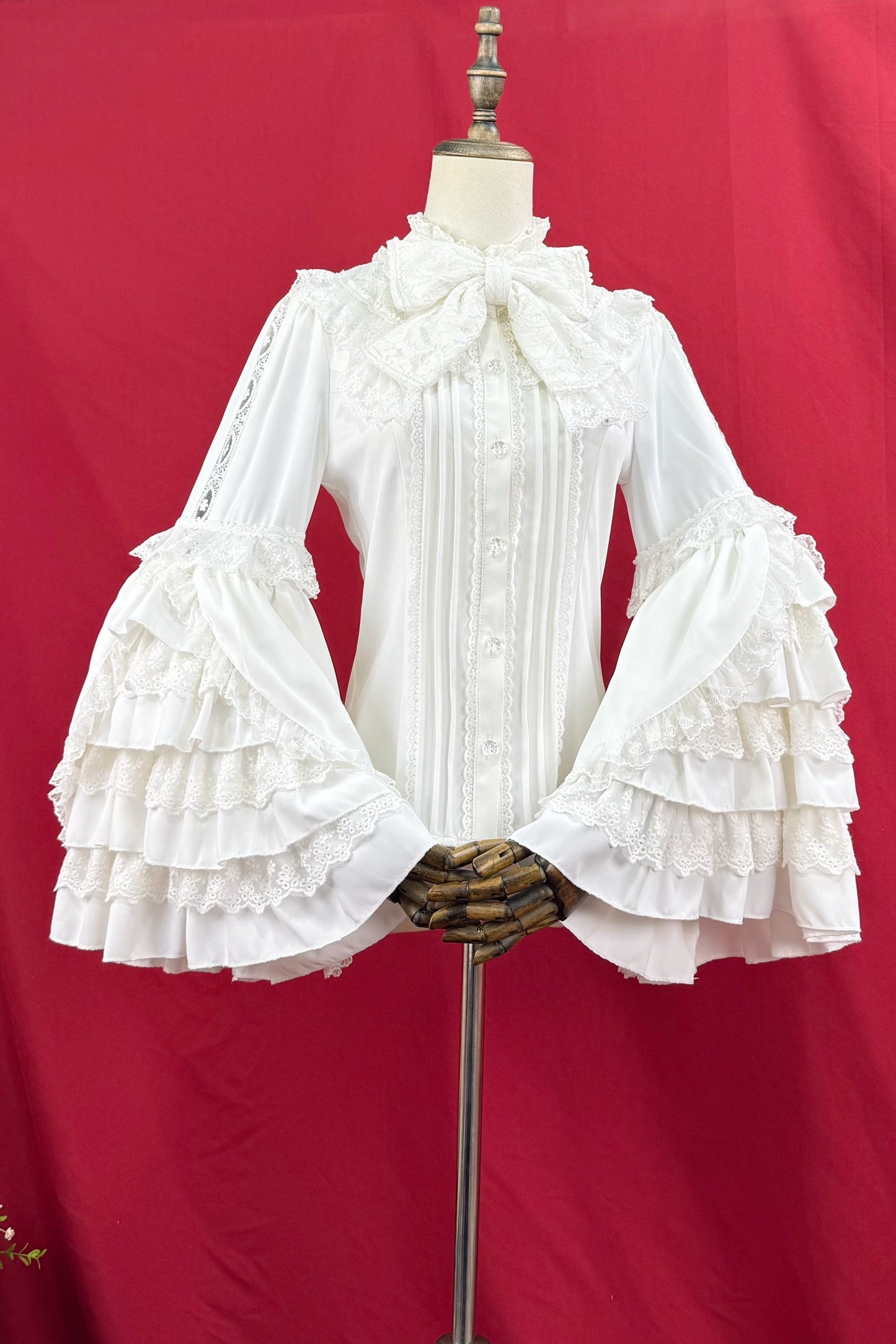 [pre-order] Ruffled Stand Collar Lace Princess Sleeve Classic Ribbon Blouse