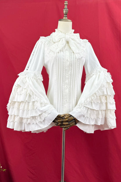 [pre-order] Ruffled Stand Collar Lace Princess Sleeve Classic Ribbon Blouse