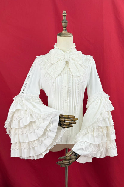 [pre-order] Ruffled Stand Collar Lace Princess Sleeve Classic Ribbon Blouse