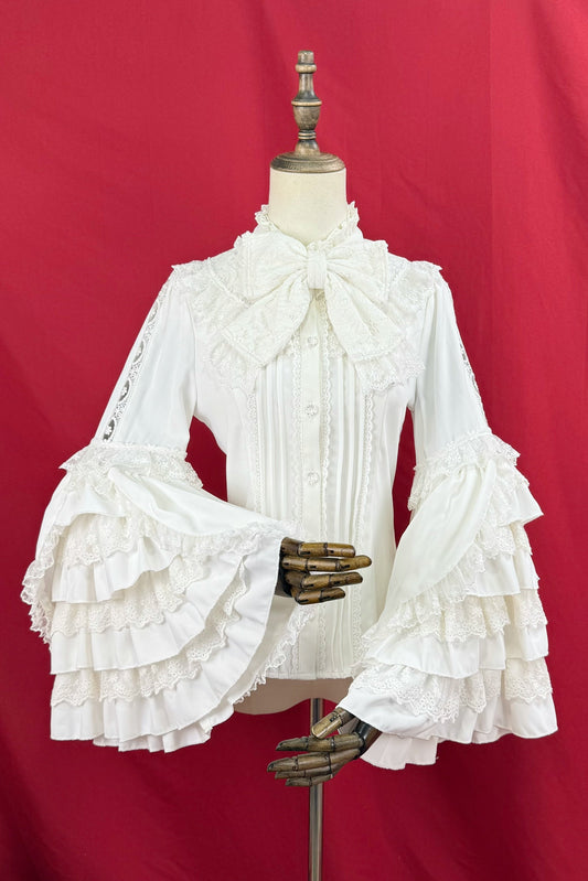 [pre-order] Ruffled Stand Collar Lace Princess Sleeve Classic Ribbon Blouse