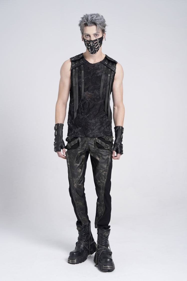 Black Sleeveless Eyelet Strap Distressed Gothic Vest