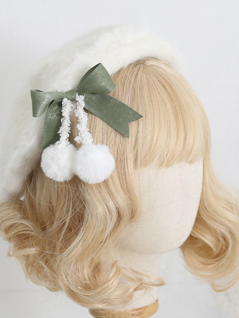 Cream Fur Ribbon Pom-pom Beret