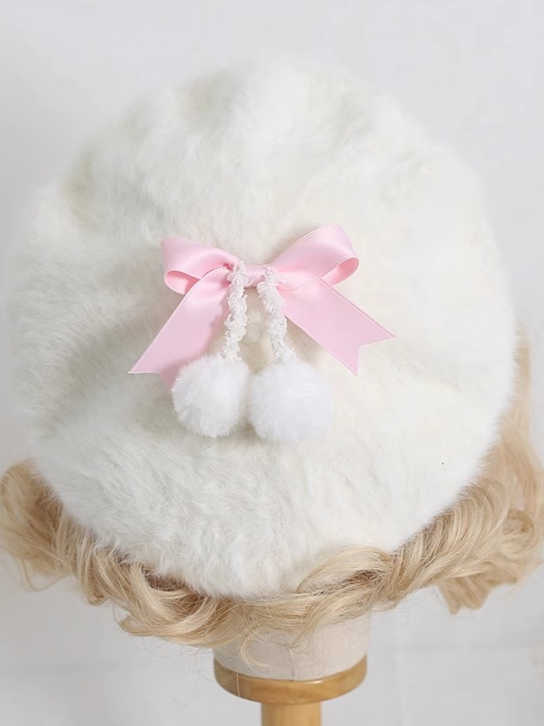 Cream Fur Ribbon Pom-pom Beret