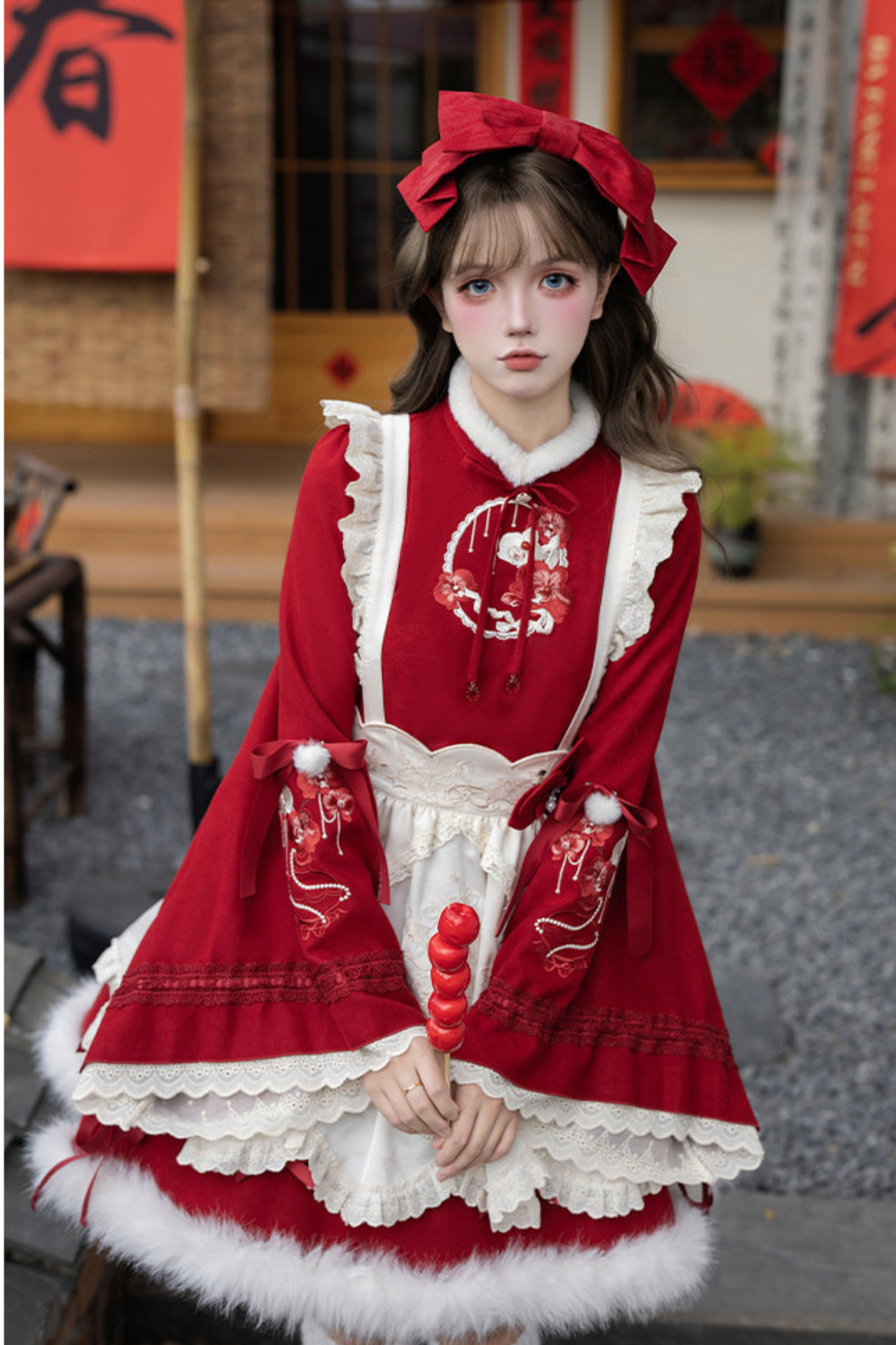 Chinese-style Big Sleeve Dress + Apron + Skirt + Leg Warmers + Hairband + Clip + Pin