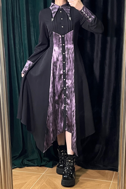 High Collar Blocking Asymmetrical Dress