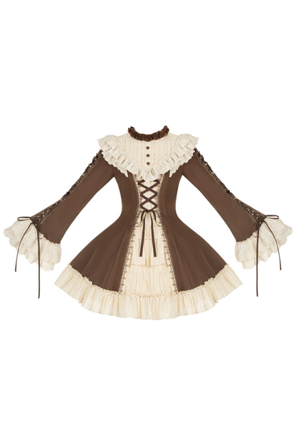 Lace Stand Collar Flared Sleeve Twin Doll Lolita Dress + Collar + Hat