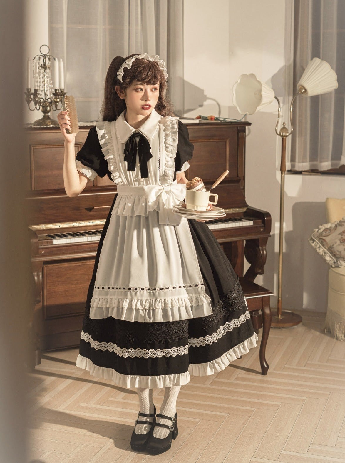 Front Ribbon Lantern Long Sleeve Maid Dress + Ruffle Big Ribbon Apron