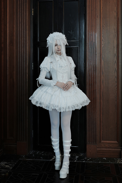 White Gothic Gemini Lolita Dress + Corset + Ribbon + Headband + Veil