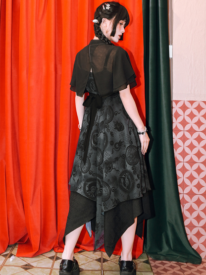Dark Chinese-style Asymmetric Long Camisole Dress + Short Cardigan