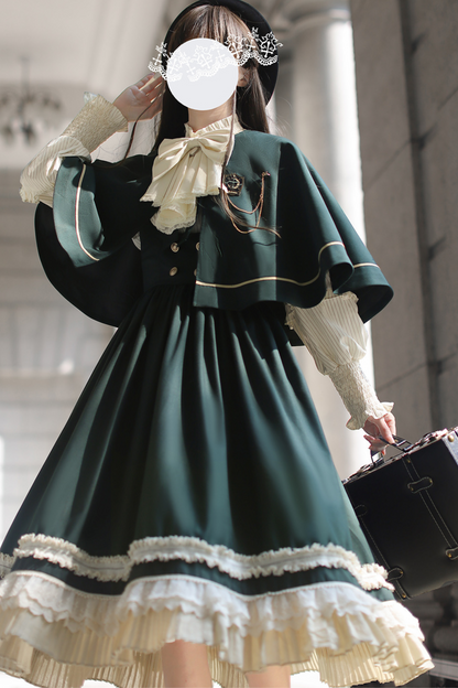 [pre-order] Retro Academia Jumper Skirt + Striped Shirt + Hooded Cape + Short Jacket + Collar + Brooch
