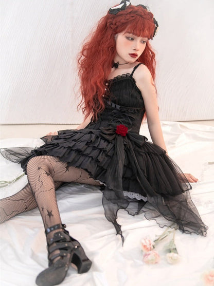 Rose Ribbon Tulle Lace Up Tiered Cami Dress
