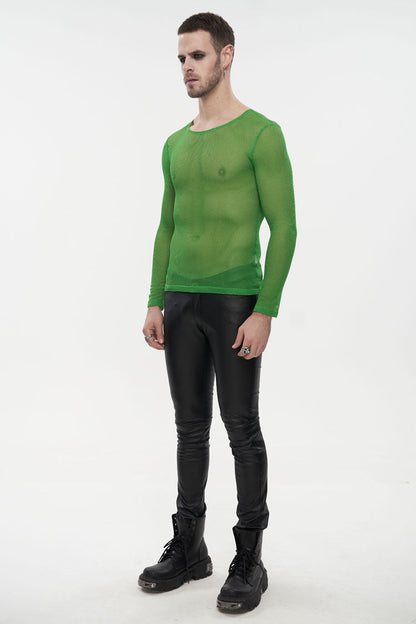 Green Elasticity High Neck Long Sleeve Mesh Gothic T-shirt