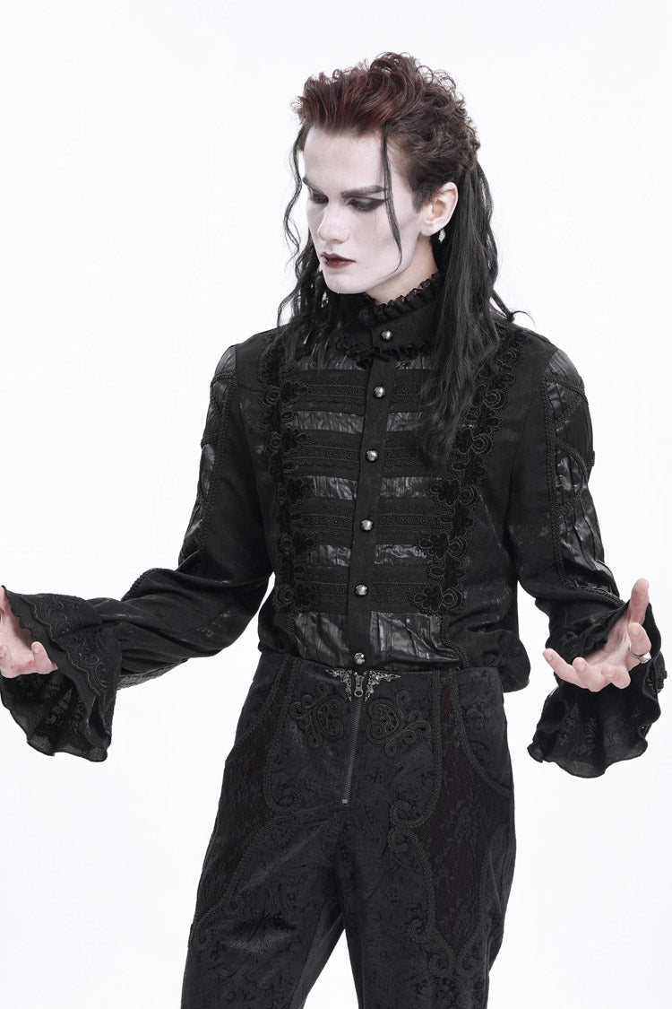 Black Stand Collar Long Sleeves Pleated Lace Crochet Gothic Blouse