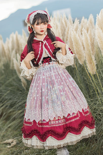 Wine Red [ode to Plenty] Berries and Birds Print Ruffle Bowknot Velvet Classic Lolita Breast Support Jsk Dress