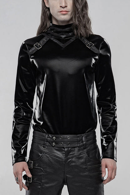 Black High Collar Long Sleeves Imitation Shark Skin Stitching Gothic T-shirt