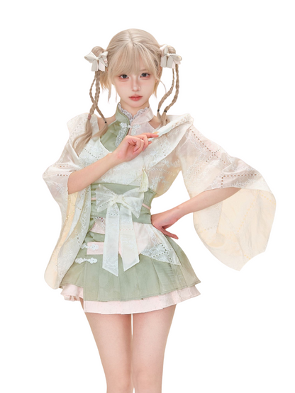 Sweet Chinese-style Cardigan + Sleeveless Top + Pleated Skirt